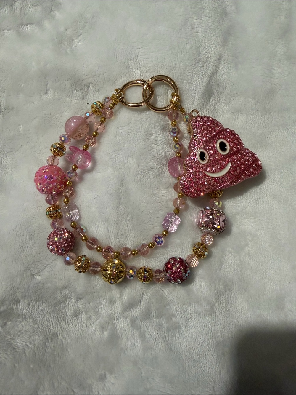 Pink Poop Emoji With Pink Rhinestones & Beaded Keychain
